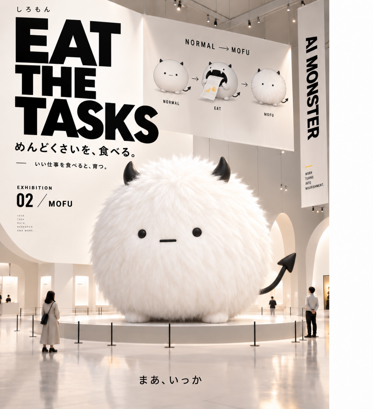 展示ポスター「EAT THE TASKS」EXHIBITION 02 / MOFU。美術館の中央に、もふもふの毛に覆われたしろもんの巨大な像。上の横断幕に NORMAL → EAT → MOFU の変化の図。文字：めんどくさいを、食べる。／いい仕事を食べると、育つ。／まあ、いっか
