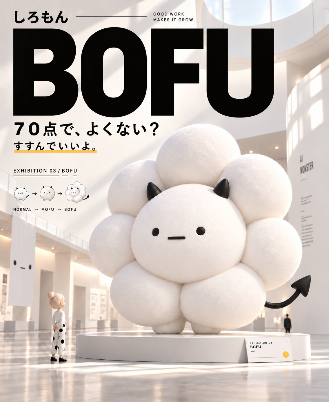 展示ポスター「BOFU」EXHIBITION 03 / BOFU。花丸のようにぼふっとふくらんだしろもんの巨大な像を、小さな人が見上げている。文字：70点で、よくない？ すすんでいいよ。／GOOD WORK MAKES IT GROW.／NORMAL → MOFU → BOFU